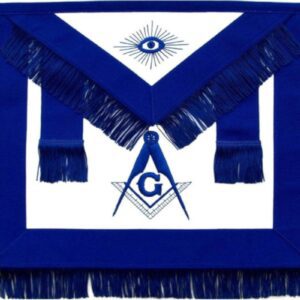 Tablier Maçonnique de Maître RY - Bleu Turquoise - Franges bleues - Equerre et Compas, G, Œil - 2 Pendeloques - Simili Cuir - Broderie machine - Taille 39*33 cm