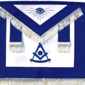Tablier de Maître Maçon RY (Rite d'York) - Bleu foncé - Franges - Deux Pendeloques - Compas & Equerre - Soleil - Œil Flamboyant - Simili Cuir - Broderie machine - Taille 39*33 cm
