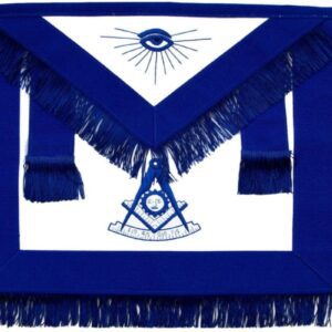 Tablier Maçonnique de Maître RY (Rite d'York) avec franges - Bleu Royal - 2 Pendeloques - Compas & Equerre - Soleil - Œil Flamboyant - Simili Cuir - Broderie machine - Taille 39*33 cm