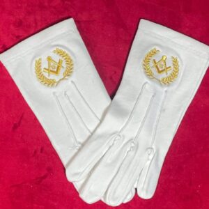 Gants Maçonniques Blancs - Branches d'Acacia dorées - Equerre - Compas et G dorés - Taille M - 18 cm