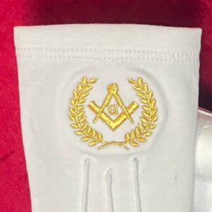 Gants Maçonniques Blancs - Branches d'Acacia dorées - Equerre - Compas et G dorés - Taille XL - 20 cm