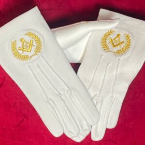 Gants Maçonniques Blancs - Branches d'Acacia dorées - Equerre - Compas et G dorés - Taille M - 18 cm
