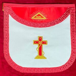 Tablier Maçonnique de Chevalier Rose Croix 18e REAA - Croix Latine rouge avec Rose - Delta Flamboyant avec Nom Ineffable - Brodé Main - Blanc Satin - Véritable Cuir – Broderie Main - Taille 39*33 cm