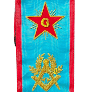 Cordon de Maître Maçon REAA - Etoile - Equerre et Compas, Branches d'Acacia - G - Rosasse Rouge - Broderie Main – 80*11 cm