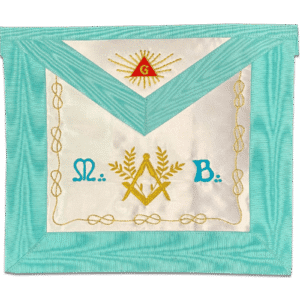 Tablier de Maître Maçon RER - RFT – en satin brodé main avec M:. B:. -  Equerre Compas - Deux Acacia dorées - Lacs - Delta flamboyant - G - Brodé main - Taille 35*30 cm - Satin Blanc - Broderie main