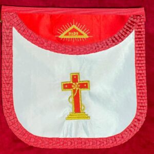Tablier Maçonnique de Chevalier Rose Croix 18e REAA - Croix Latine rouge avec Rose - Delta Flamboyant avec Nom Ineffable - Brodé Main - Blanc Satin - Satin – Broderie Main - Taille 39*33 cm