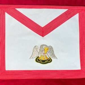 Tablier Maçonnique de Chevalier Rose Croix, 18e REAA - Souverain Prince Rose Croix 4e R.F.  - Pélican doré et argenté - Brodé Main - Broderie Main - Simili Cuir - Taille 53*2*11 cm (106 cm)
