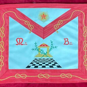 Tablier Maçonnique de Maître REAA - Temple avec Pavé mosaïque - deux Acacia - Lacs d'Amour - Etoiles flamboyante avec G doré - Simili Cuir - Broderie Main - Taille 39*33 cm