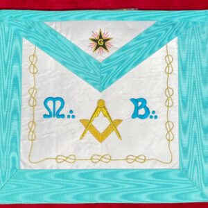 Tablier de Maître RF - RER – M:.B:. – Equerre, Compas, Lacs d'Amour - Etoile noire flamboyante avec G doré - Simili Cuir - Broderie machine - Taille 39*33 cm