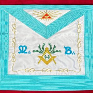 Tablier de Maître RF (Rite Français) – M:.B:. – Equerre Compas -2 Branches d'Acacias vertes - Lacs et Delta - Véritable Cuir - Broderie Main - Taille 35*30 cm